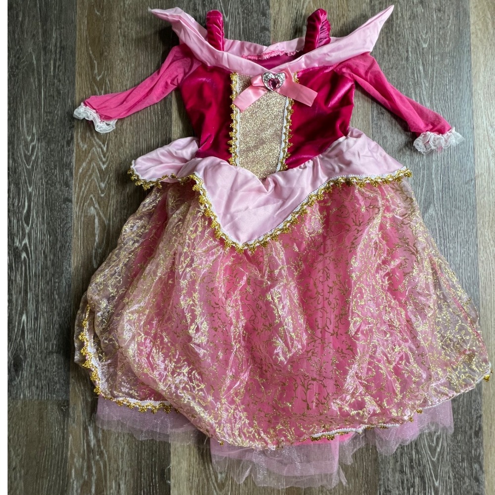 Disney Princess Costume Kids Pink Gold Sparkle Velvet Tulle Dress Up Gown